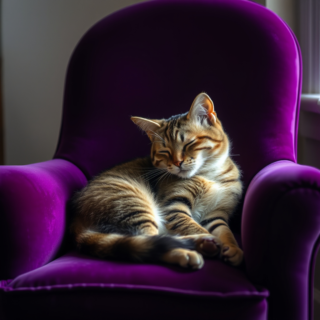 Luxe Purr concept image of a cat resting on a purple velvet chair