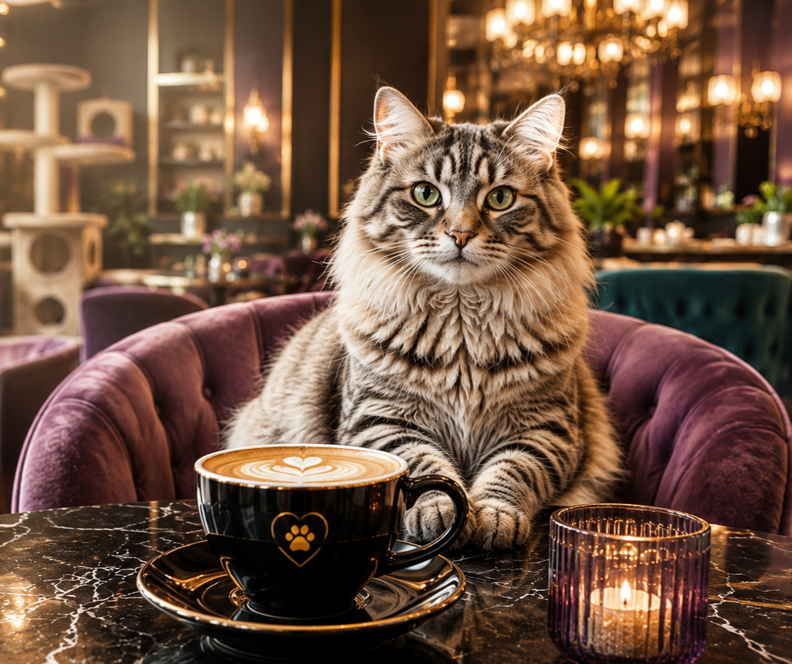 Luxe Purr concept imagery: a cat beside coffee in a richly furnished lounge
